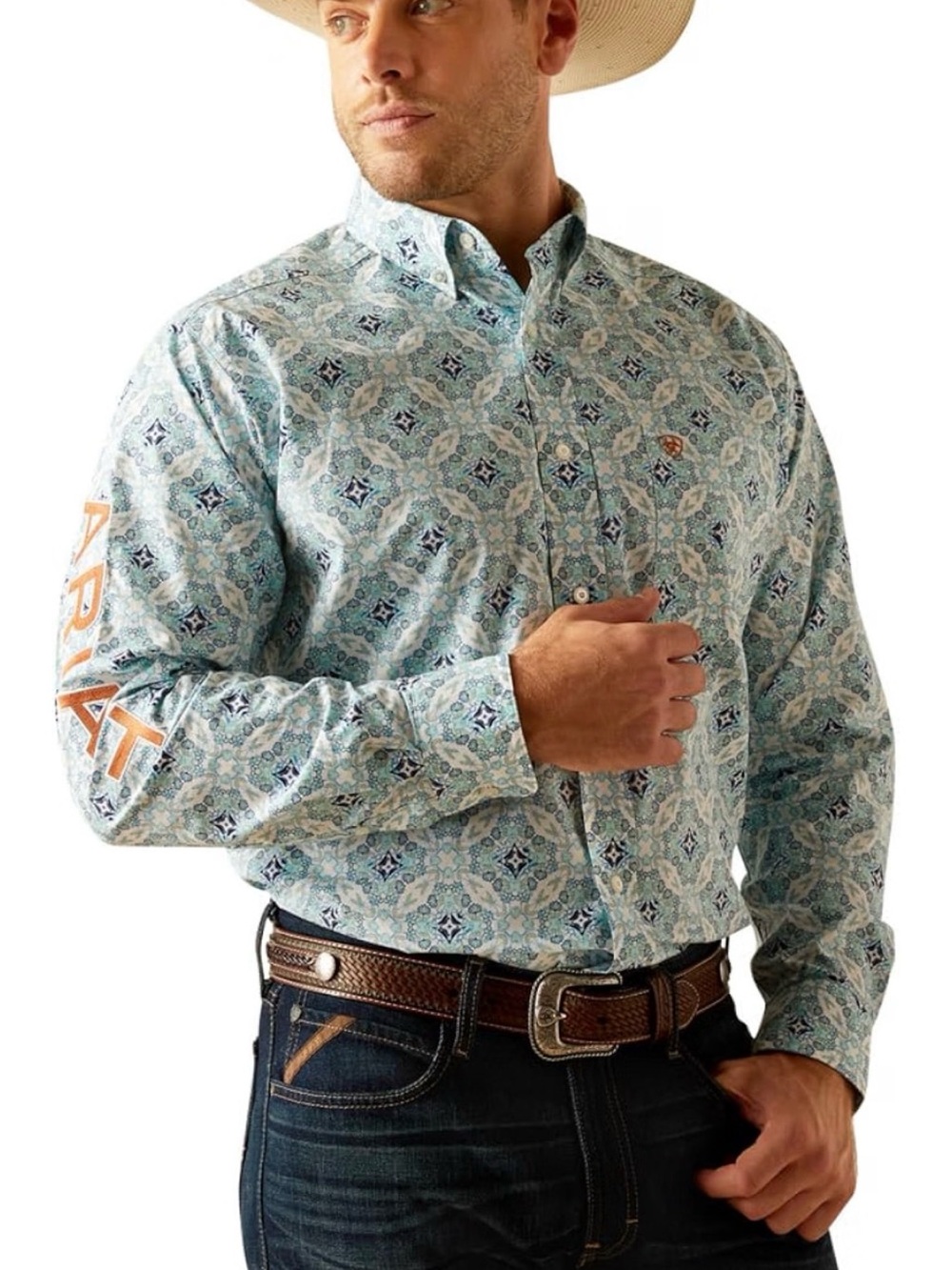 ARIAT Men’s Team Emmett Classic Fit Western Shirt XL Blue Pattern Long Sleeve